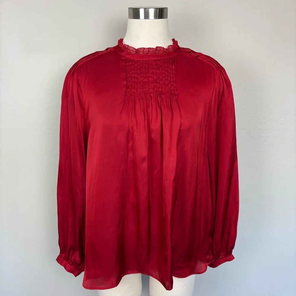 J. Crew Ruffle Neck Drapey Top NWT Size XL Red Satin Puff Sleeves Holidays Party
